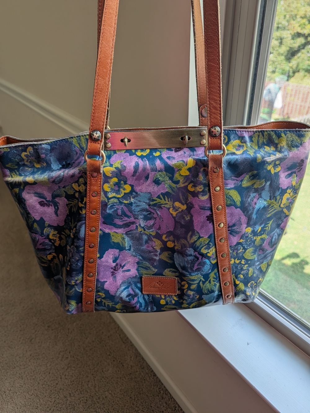 Patricia Nash Navy Floral Tote with Brown Leather Straps
